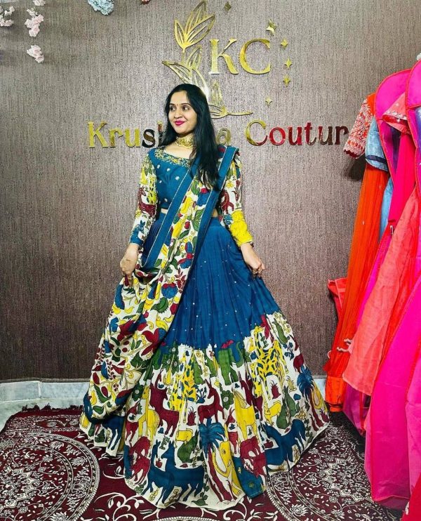 Blue Chent Crep Kalamkari Print Lehenga Choli