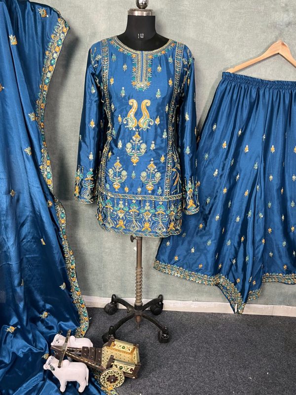 Blue Chinon Silk Sequin Embroidery Work Salwar Suit