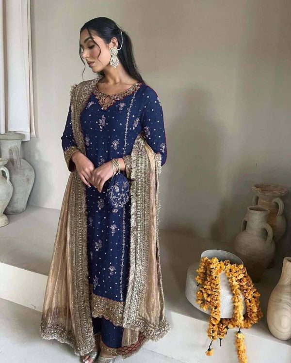 Blue Faux Georgette Sequence Moti Work Salwar Suit