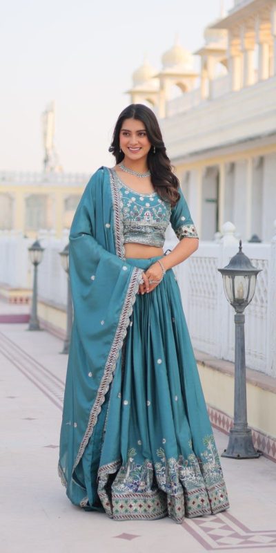 Blue Pure Chinon Embroidery Work Lehenga Choli