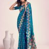 Blue Soft Lichi Silk Border Lace Work Saree