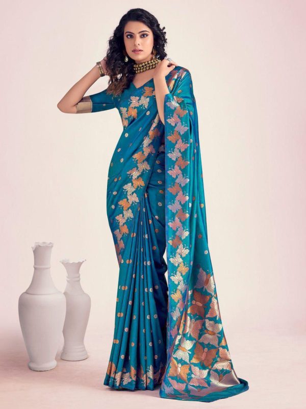 Blue Soft Lichi Silk Border Lace Work Saree