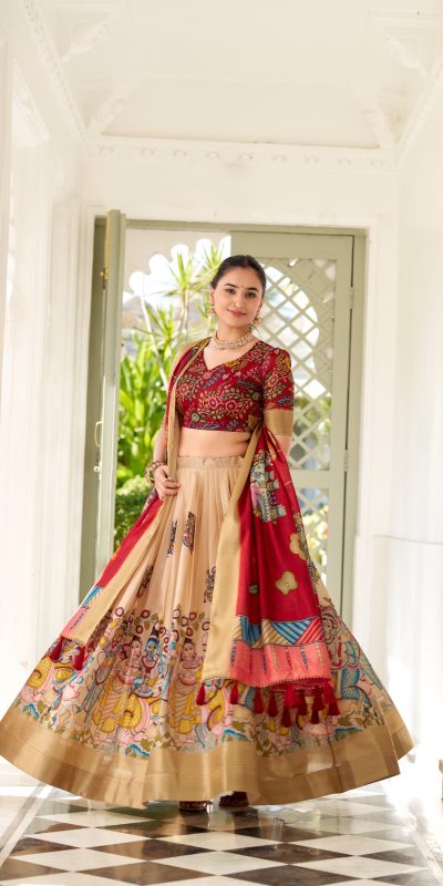 Cream Dola Silk Lace Work Kalamkari Print Lehenga Choli