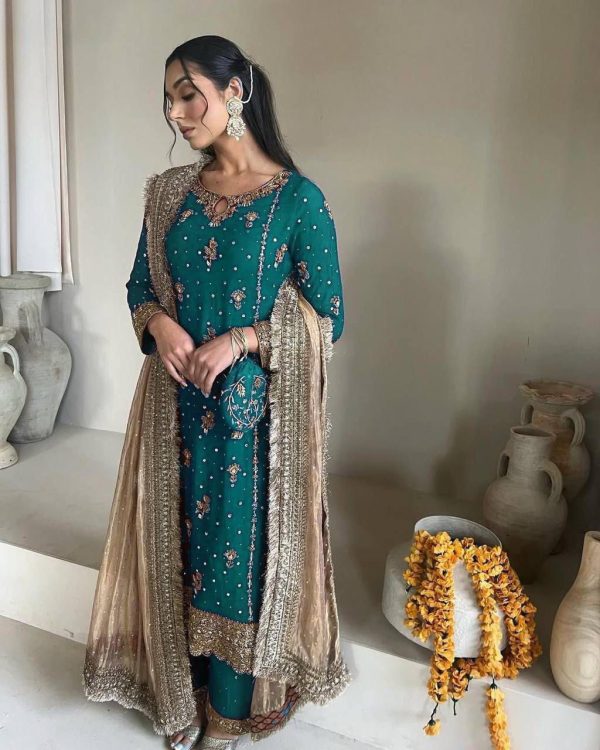 Firozi Faux Georgette Sequence Moti Work Salwar Suit