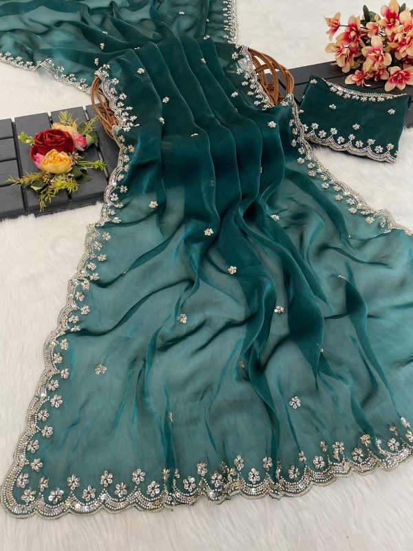 Firozi Jimmy Chou Silk Embroidery Work Saree