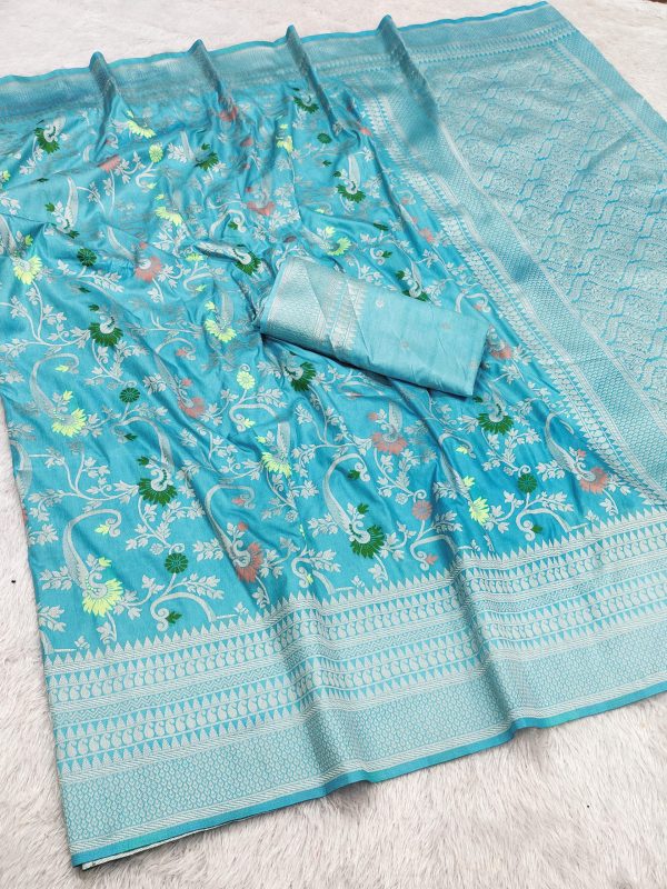Firozi Khaddi Pashmina Lace Zari Work Saree