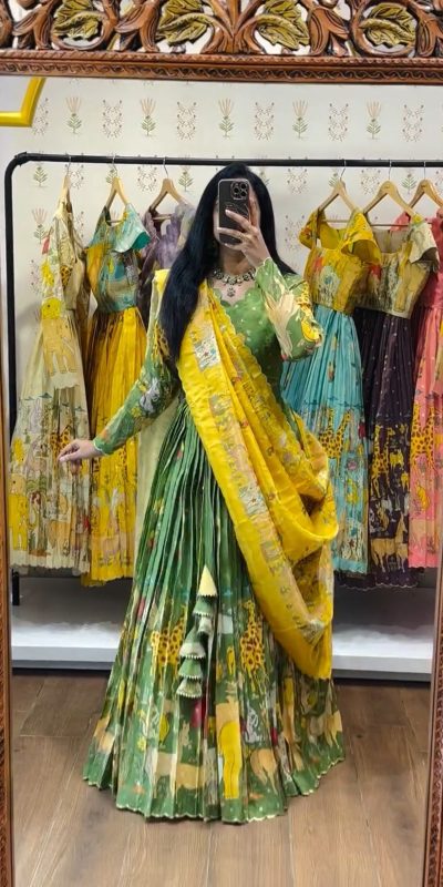 Green Cotton Kalamkari Print Lehenga Choli