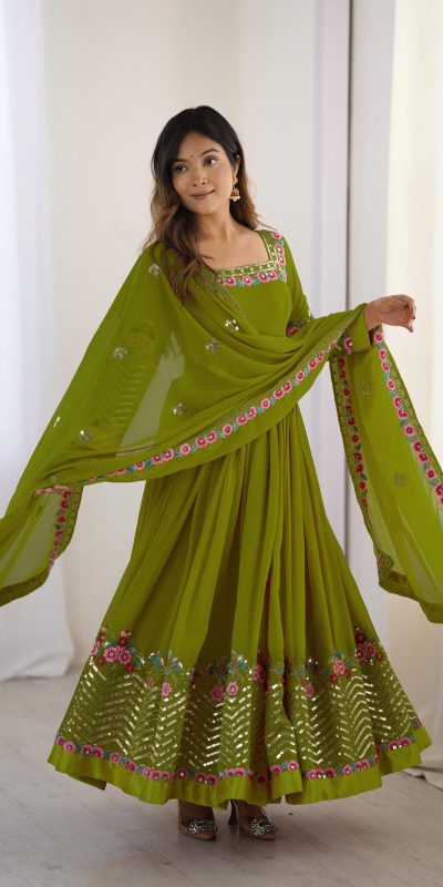 ZF 5010 Green Georgette Gown Perfect for Wedding, Party, Pooja, Ethnic Day, Karwa Chauth – . Best Price ₹2049. Delivery 4-6 Working Days. Shop now. | Jump Suits, Salwar suit, Designer Suits, Casual Suits, Creative suits, Palazzo Suits, Party Wear Suits, Patiala Suits, Straight Suits