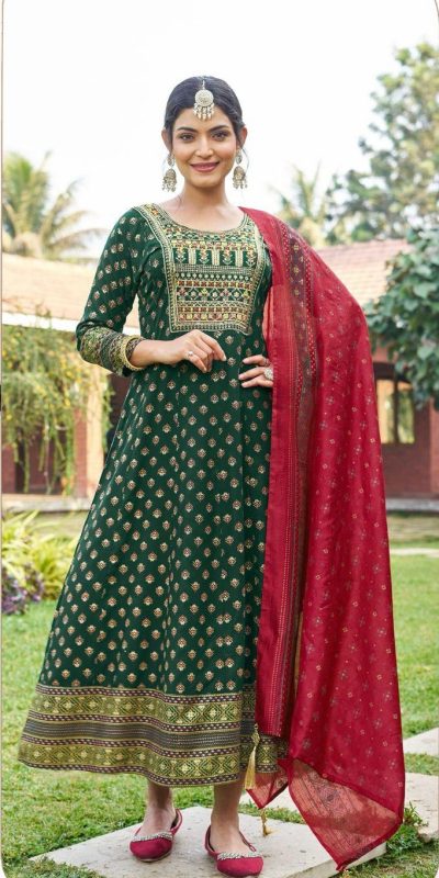 Green Rayon Embroidery Work Gown