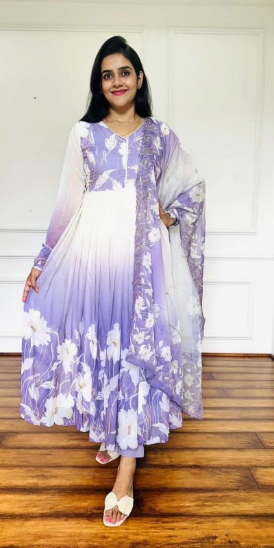 ZF 431 Lavender Faux Georgette Gown with Embroidery Work & Digital Print. Best Price ₹2049. Delivery 4-6 Working Days. Shop now. | Jump Suits, Salwar suit, Designer Suits, Casual Suits, Creative suits, Palazzo Suits, Party Wear Suits, Patiala Suits, Straight Suits