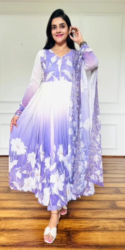 ZF 431 Lavender Faux Georgette Gown with Embroidery Work & Digital Print. Best Price ₹2049. Delivery 4-6 Working Days. Shop now. | Jump Suits, Salwar suit, Designer Suits, Casual Suits, Creative suits, Palazzo Suits, Party Wear Suits, Patiala Suits, Straight Suits