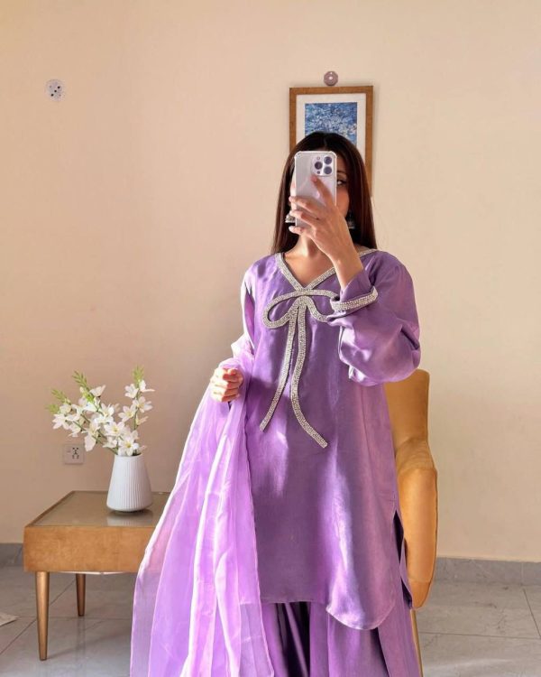 Lavender French Crape Bead Work Salwar Suit