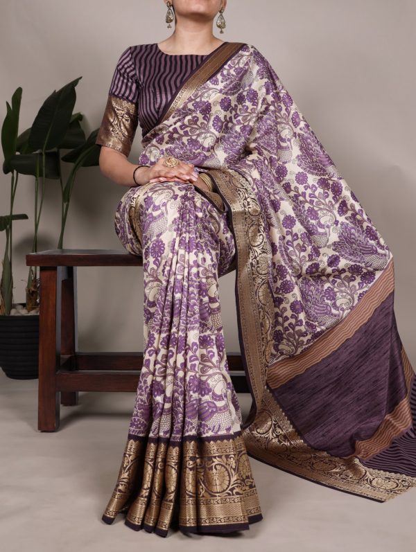 Lavender Tasar Silk Lace Border Work Saree