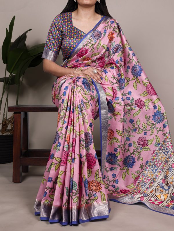 Light Pink Tasar Silk With Viscose Border Saree