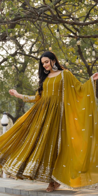 Mahendi Fox Georgette Embroidery Work Gown