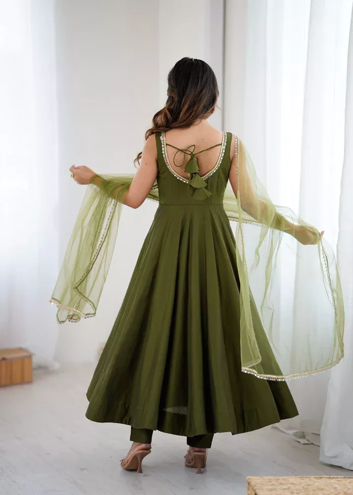 Mahendi Roman Silk Chanderi Mirror Work Gown - Image 7