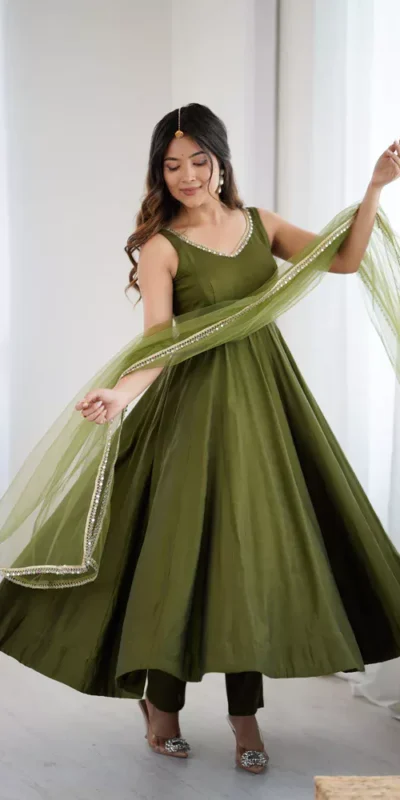 KB 285 Mahendi in Roman Silk Chanderi Mirror Work & Lace Work Gown . Best Price ₹1929. Delivery 4-6 Working Days. Shop now. | Jump Suits, Salwar suit, Designer Suits, Casual Suits, Creative suits, Palazzo Suits, Party Wear Suits, Patiala Suits, Straight Suits