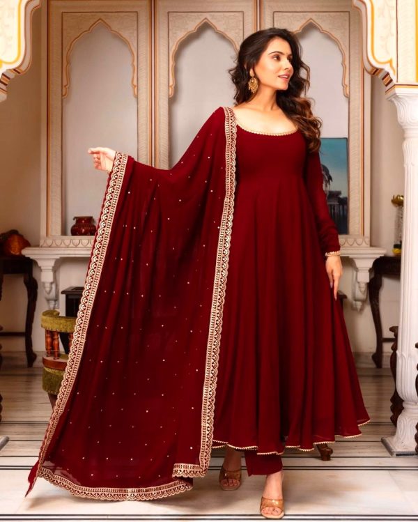 Maroon Faux Georgette Embroidery Lace Work Salwar Suit