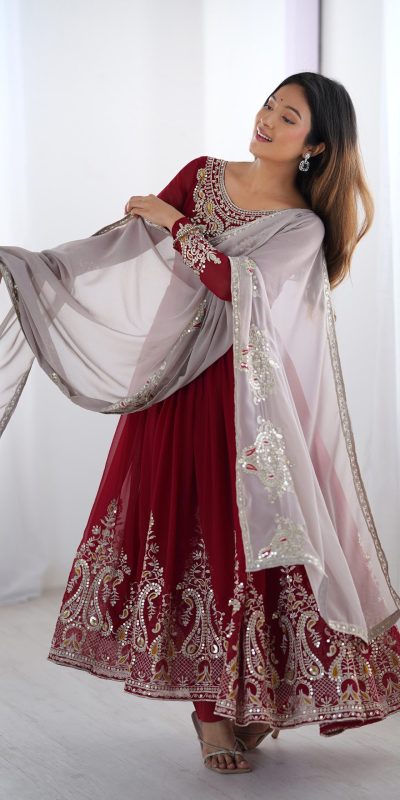 ZF 5008 Maroon Georgette Gown with Embroidery Work. Wedding, Party, Festive, Events, Special Price ₹2049. Delivery 4-6 Working Days. Shop now. | Jump Suits, Salwar suit, Designer Suits, Casual Suits, Creative suits, Palazzo Suits, Party Wear Suits, Patiala Suits, Straight Suits