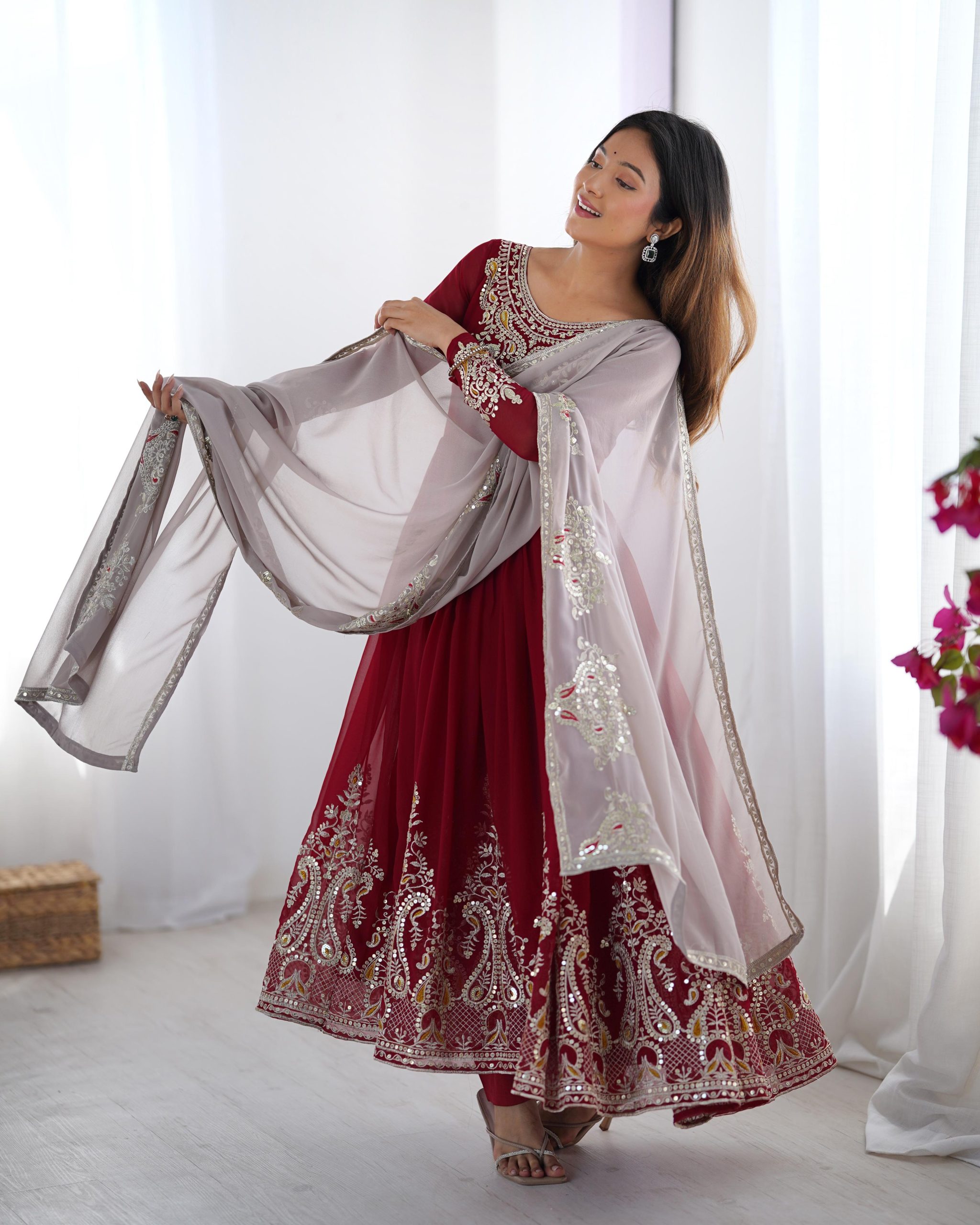 ZF 5008 Maroon Georgette Gown with Embroidery Work. Wedding, Party, Festive, Events, Special Price ₹2049. Delivery 4-6 Working Days. Shop now. | Jump Suits, Salwar suit, Designer Suits, Casual Suits, Creative suits, Palazzo Suits, Party Wear Suits, Patiala Suits, Straight Suits