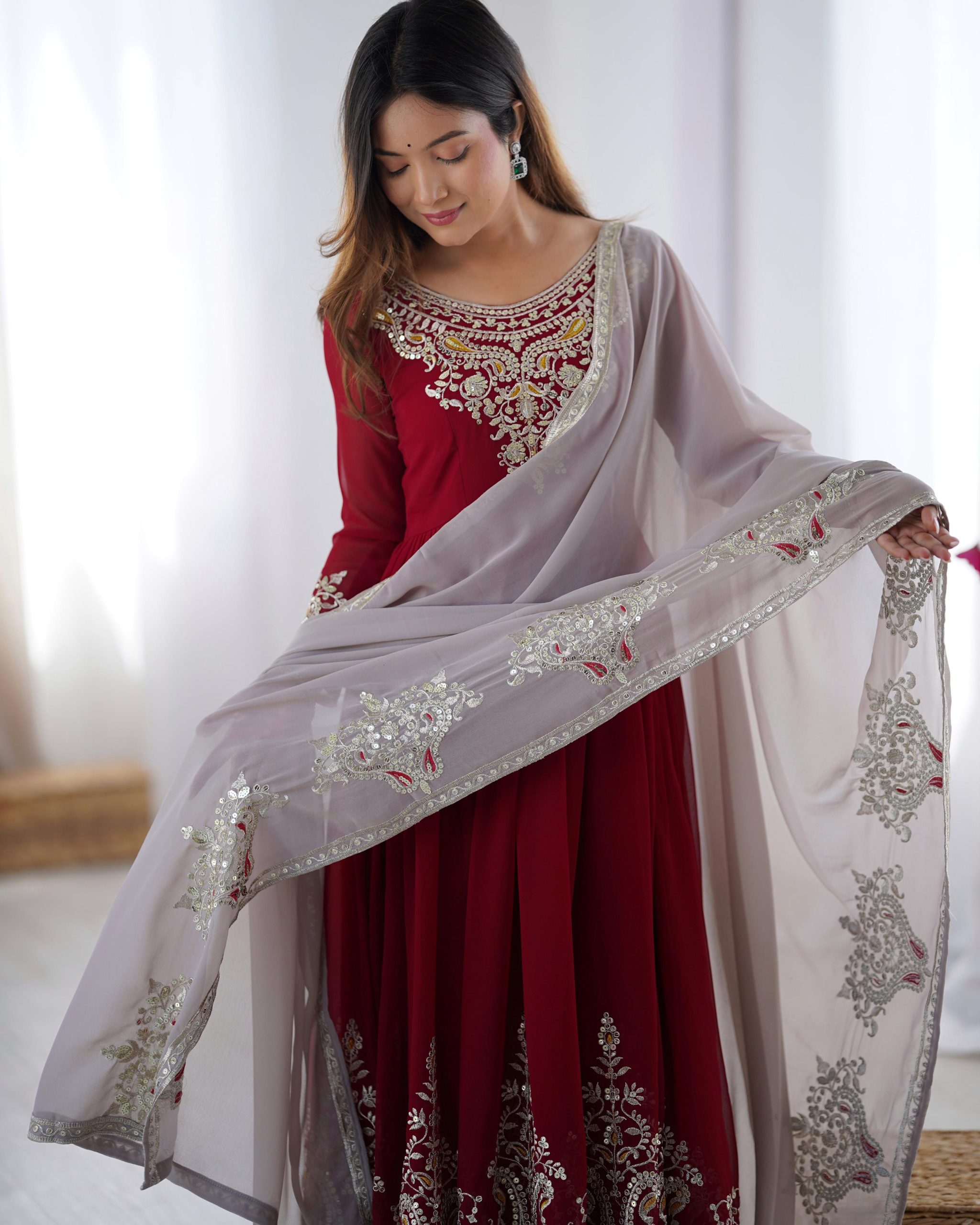 ZF 5008 Maroon Georgette Gown with Embroidery Work. Wedding, Party, Festive, Events, Special Price ₹2049. Delivery 4-6 Working Days. Shop now. | Jump Suits, Salwar suit, Designer Suits, Casual Suits, Creative suits, Palazzo Suits, Party Wear Suits, Patiala Suits, Straight Suits