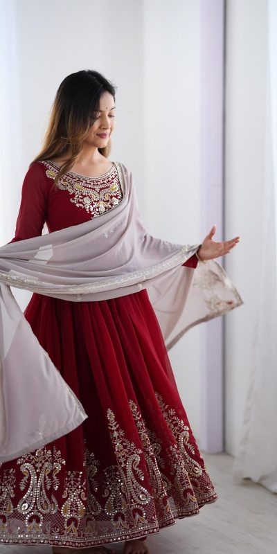 ZF 5008 Maroon Georgette Gown with Embroidery Work. Wedding, Party, Festive, Events, Special Price ₹2049. Delivery 4-6 Working Days. Shop now. | Jump Suits, Salwar suit, Designer Suits, Casual Suits, Creative suits, Palazzo Suits, Party Wear Suits, Patiala Suits, Straight Suits