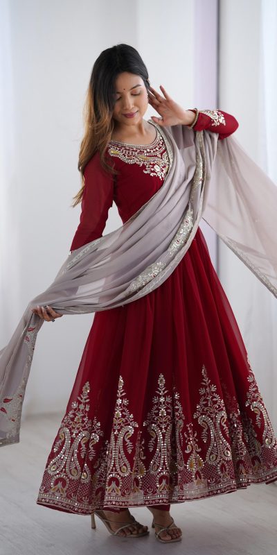 ZF 5008 Maroon Georgette Gown with Embroidery Work. Wedding, Party, Festive, Events, Special Price ₹2049. Delivery 4-6 Working Days. Shop now. | Jump Suits, Salwar suit, Designer Suits, Casual Suits, Creative suits, Palazzo Suits, Party Wear Suits, Patiala Suits, Straight Suits