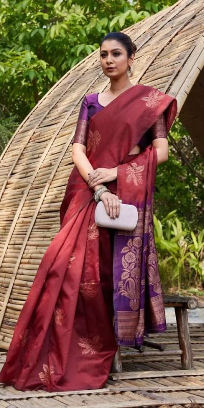 Maroon Lichi Silk Lace Border Saree