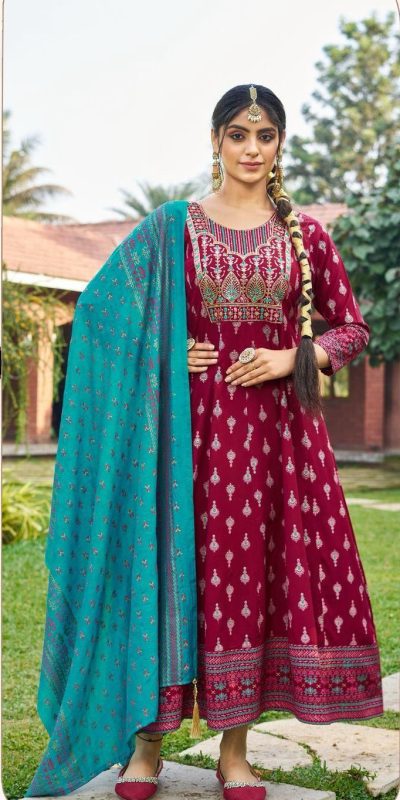 Maroon Rayon Embroidery Work Gown