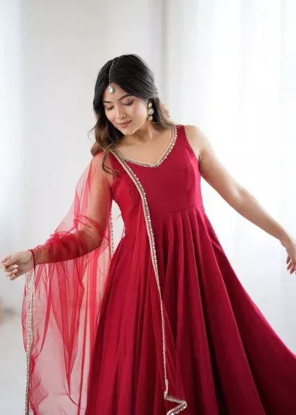 Maroon Roman Silk Chanderi Mirror Work Gown - Image 6