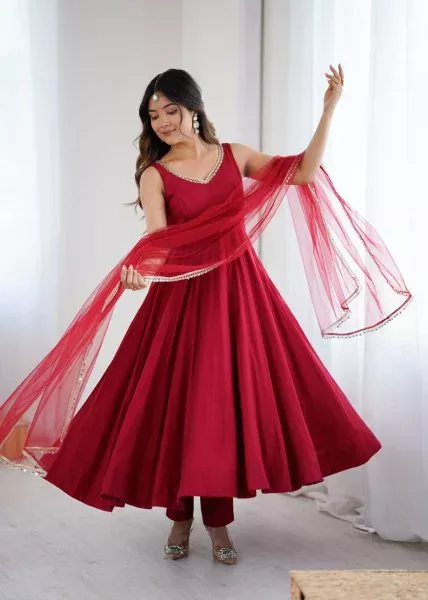 Maroon Roman Silk Chanderi Mirror Work Gown - Image 3