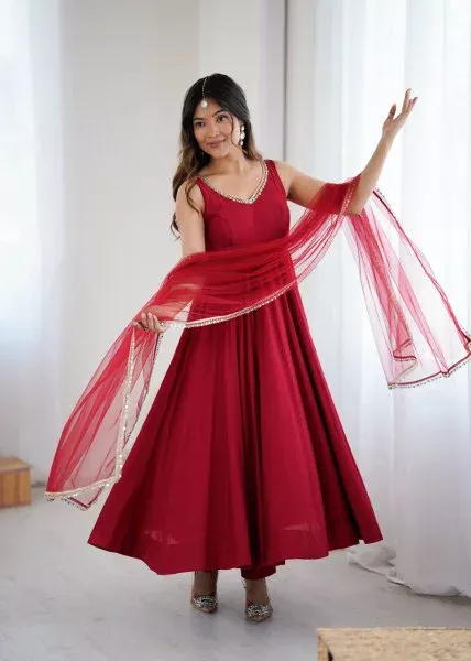 Maroon Roman Silk Chanderi Mirror Work Gown - Image 2