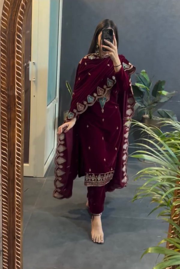 VLM 229 Maroon Viscose Velvet Salwar Suit Perfect for Wedding, Party, Cultural Events, Sangeet, Baby Shower – . Best Price ₹2149. Delivery 4-6 Working | Jump Suits, Tops & Bottoms, Track Suits, Trendy Wear, Salwar suit, Designer Suits, Casual Suits, Creative suits, Palazzo Suits, Party Wear Suits, Patiala Suits, Straight Suits