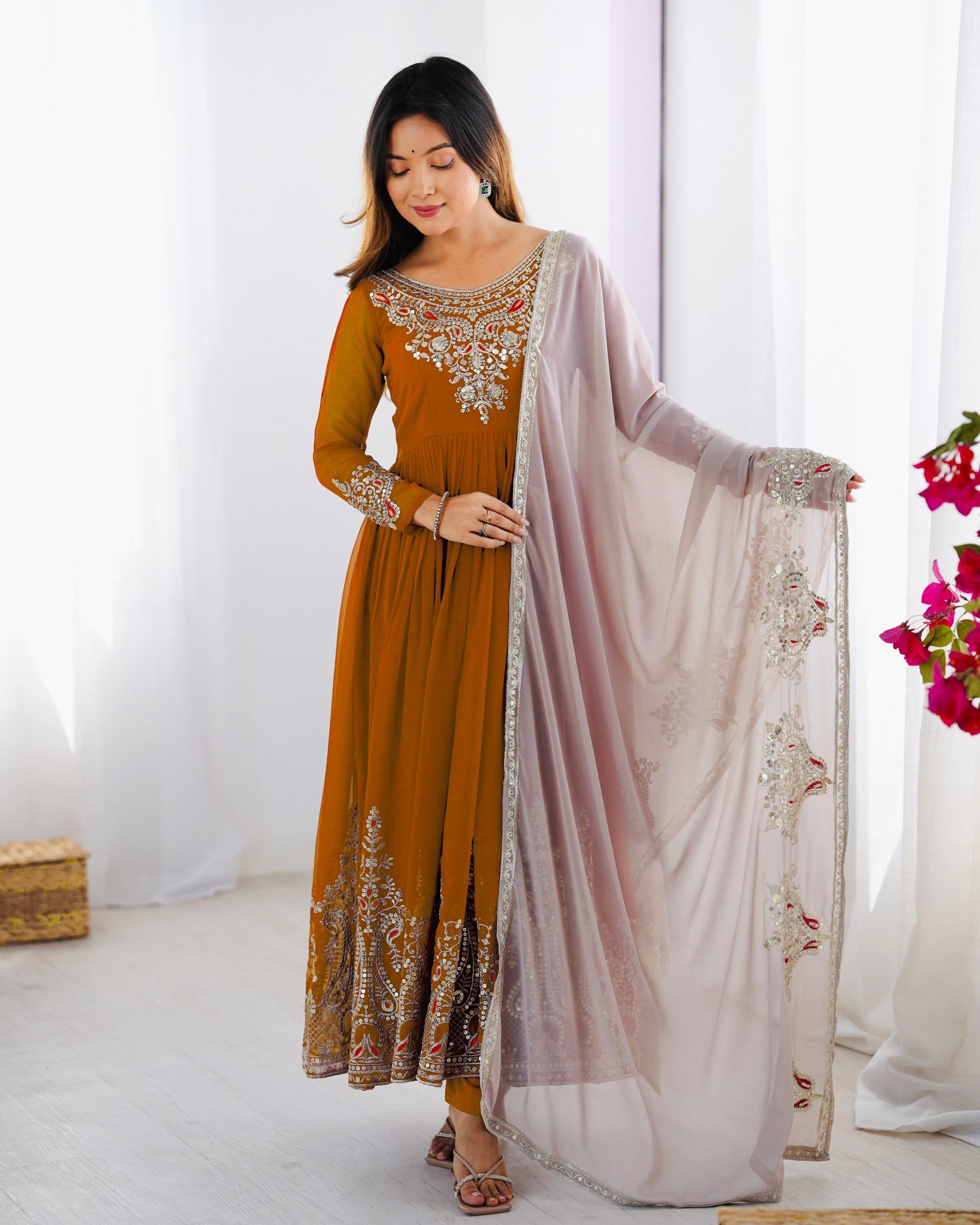 ZF 5008 White Mustered Gown with Embroidery Work. Wedding, Party, Festive, Events, Special Price ₹2049. Delivery 4-6 Working Days. Shop now. | Jump Suits, Salwar suit, Designer Suits, Casual Suits, Creative suits, Palazzo Suits, Party Wear Suits, Patiala Suits, Straight Suits