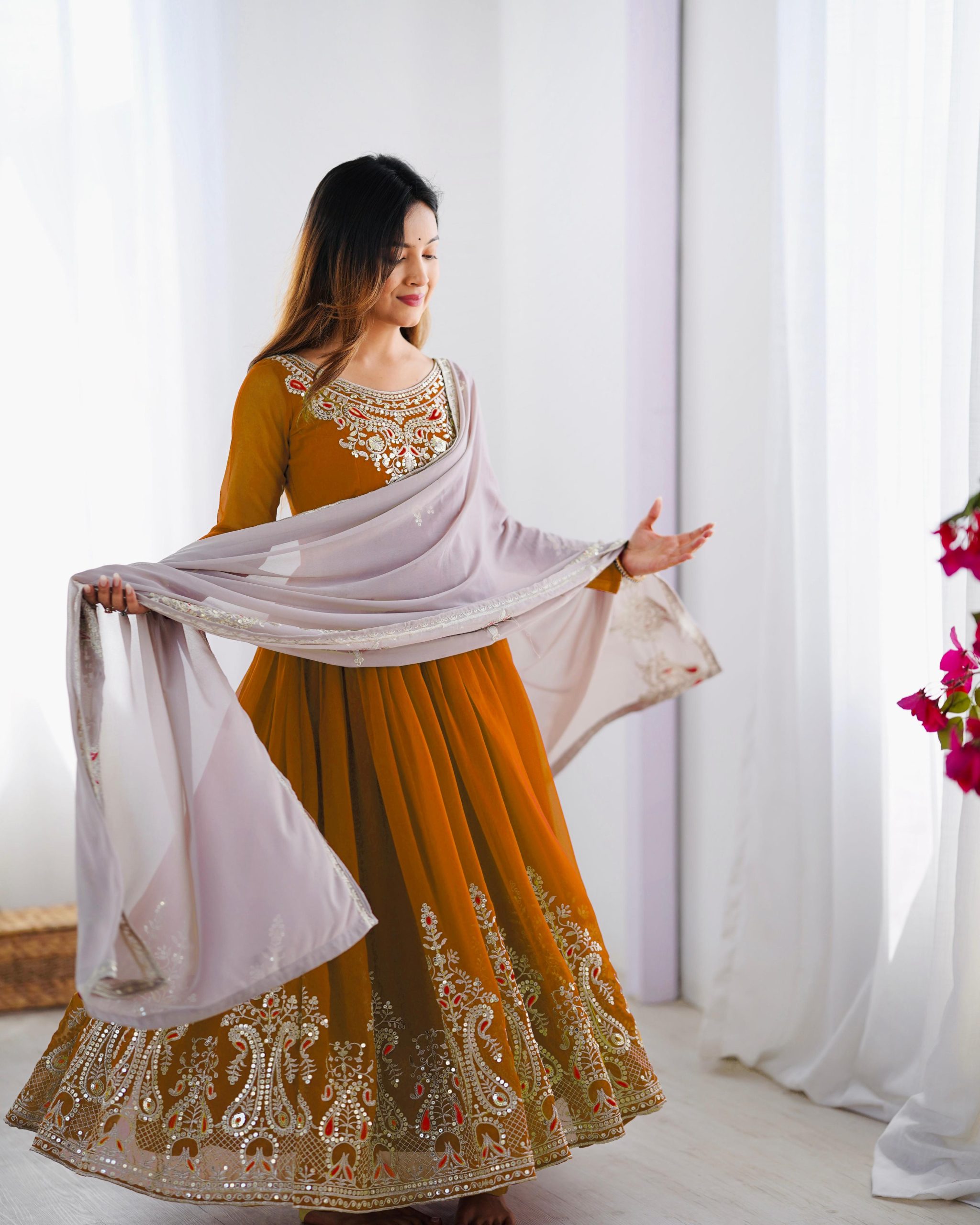 ZF 5008 White Mustered Gown with Embroidery Work. Wedding, Party, Festive, Events, Special Price ₹2049. Delivery 4-6 Working Days. Shop now. | Jump Suits, Salwar suit, Designer Suits, Casual Suits, Creative suits, Palazzo Suits, Party Wear Suits, Patiala Suits, Straight Suits