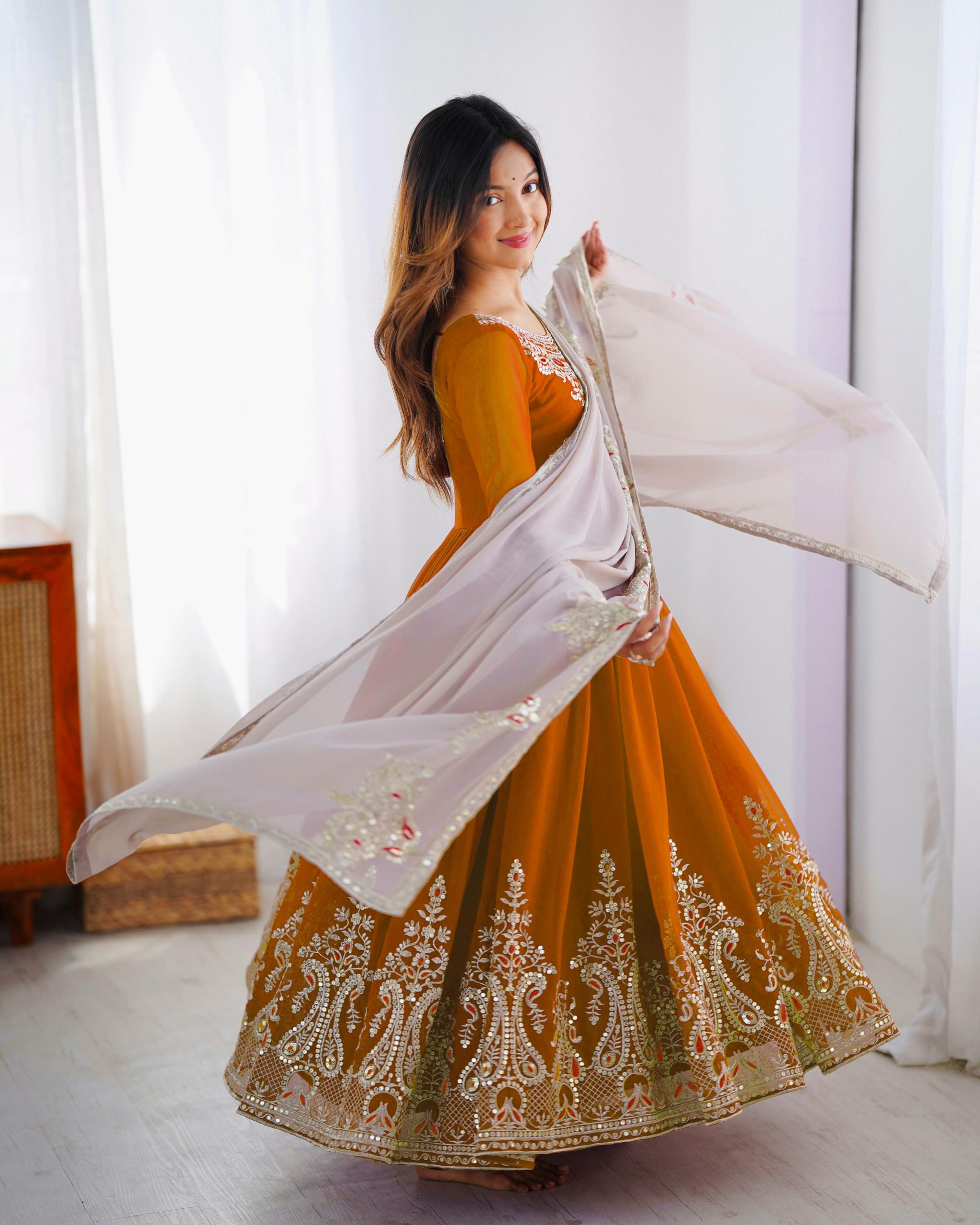 ZF 5008 White Mustered Gown with Embroidery Work. Wedding, Party, Festive, Events, Special Price ₹2049. Delivery 4-6 Working Days. Shop now. | Jump Suits, Salwar suit, Designer Suits, Casual Suits, Creative suits, Palazzo Suits, Party Wear Suits, Patiala Suits, Straight Suits