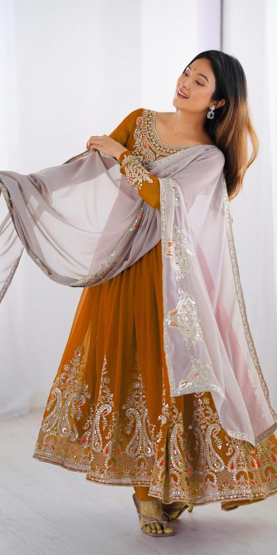 ZF 5008 White Mustered Gown with Embroidery Work. Wedding, Party, Festive, Events, Special Price ₹2049. Delivery 4-6 Working Days. Shop now. | Jump Suits, Salwar suit, Designer Suits, Casual Suits, Creative suits, Palazzo Suits, Party Wear Suits, Patiala Suits, Straight Suits