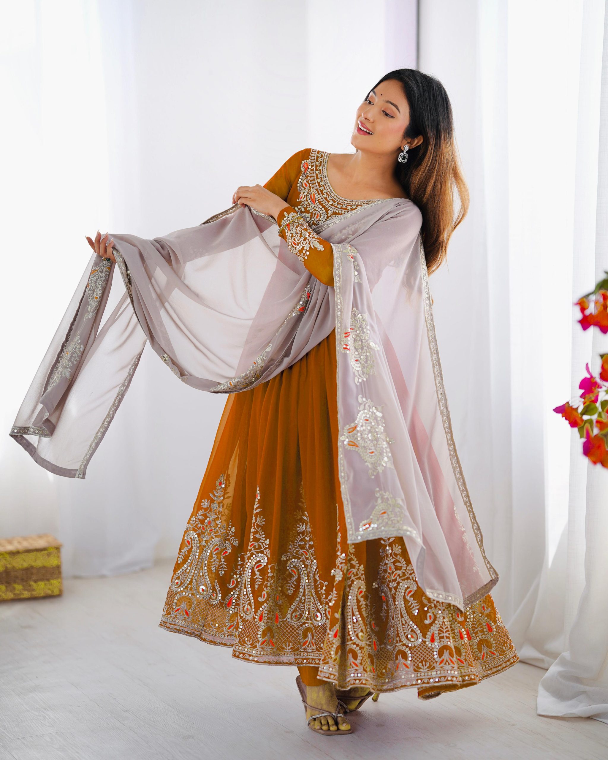 ZF 5008 White Mustered Gown with Embroidery Work. Wedding, Party, Festive, Events, Special Price ₹2049. Delivery 4-6 Working Days. Shop now. | Jump Suits, Salwar suit, Designer Suits, Casual Suits, Creative suits, Palazzo Suits, Party Wear Suits, Patiala Suits, Straight Suits
