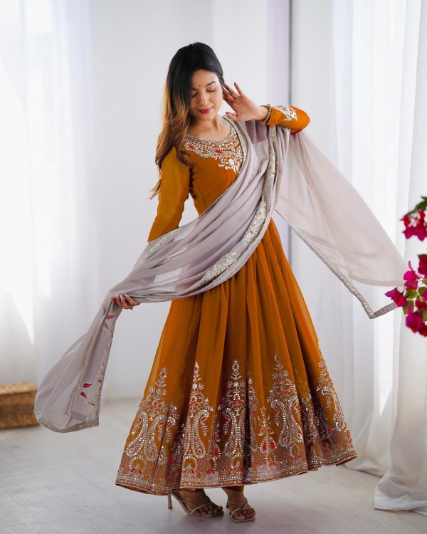 ZF 5008 White Mustered Gown with Embroidery Work. Wedding, Party, Festive, Events, Special Price ₹2049. Delivery 4-6 Working Days. Shop now. | Jump Suits, Salwar suit, Designer Suits, Casual Suits, Creative suits, Palazzo Suits, Party Wear Suits, Patiala Suits, Straight Suits