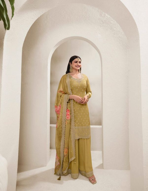 Mustered Viscose Chinon Embroidery Work Salwar Suit