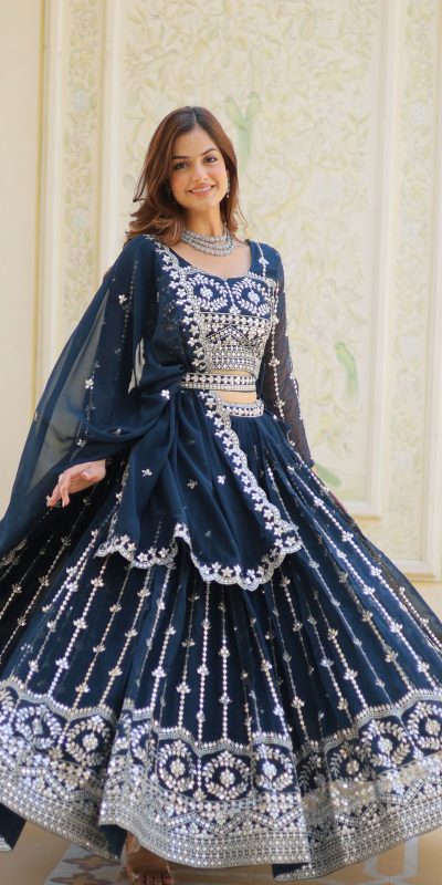 Ram 085 Navy Blue Color Fox Georgette Lehenga Choli with Embroidery Work. Grab it for ₹3049. Delivery 4-6 Working Days. Shop now. | Lehenga, Bollywood Lehenga, Creative Lehenga, Designer Lehenga, Embroidered Lehenga, Party Wear Lehenga