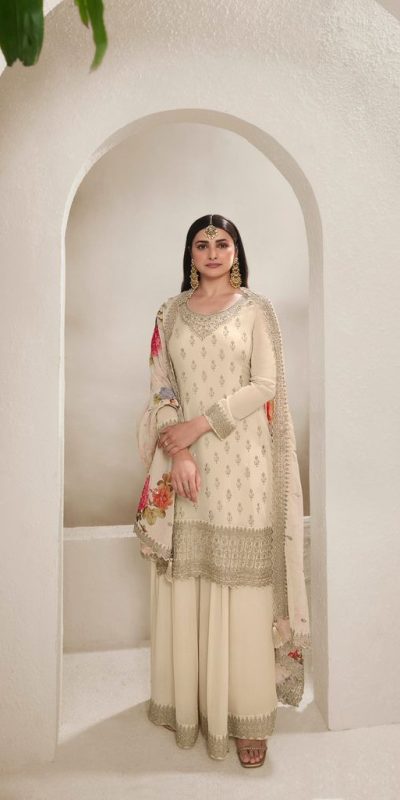 Off White Viscose Chinon Embroidery Work Salwar Suit