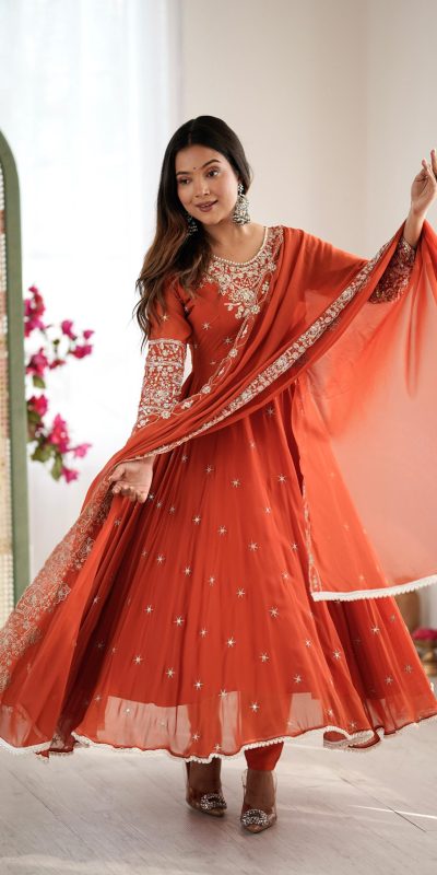Orange Blooming Faux Embroidery Work Gown
