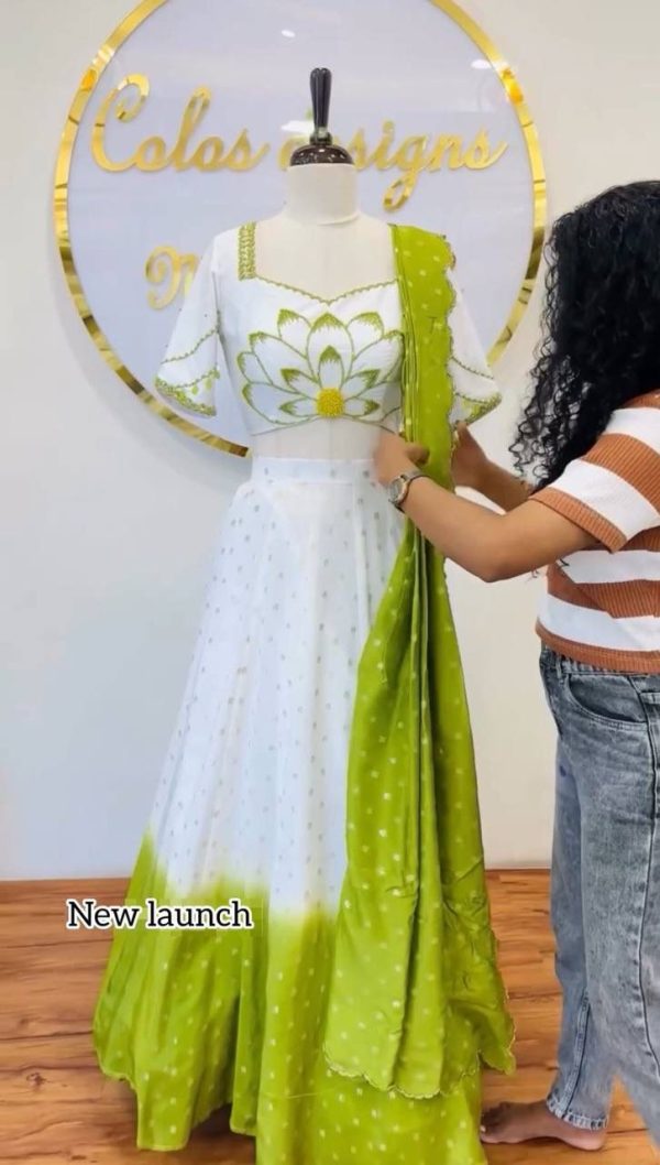 Parrot Green Chinon Digital Print Lehenga Choli