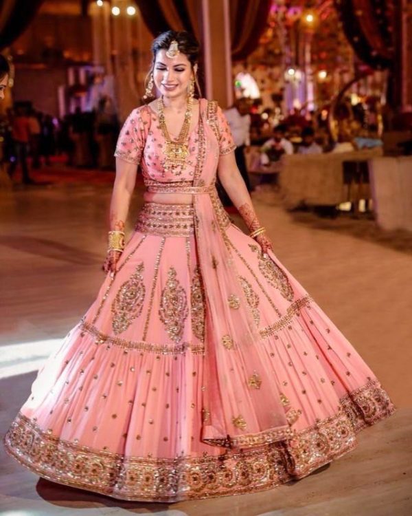 Peach Faux Georgette Embroidery Work Lehenga Choli
