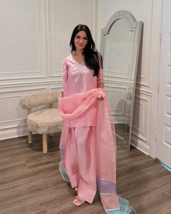 Peach French Crape Bead Work Salwar Suit