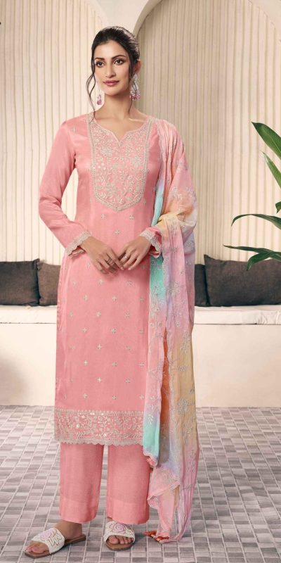 Peach Vichitra Digital Print Embroidery Work Salwar Suit