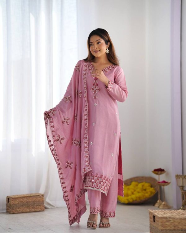Pink Chinnon Silk Lace Embroidery Work Salwar Suit