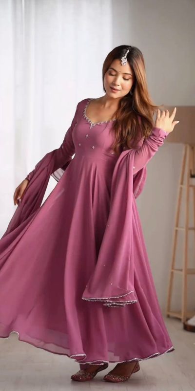Pink Faux Georgette Lace Embroidery Work Sawar Suit