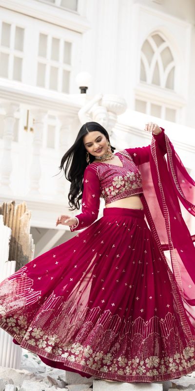 Pink Fox Georgette Embroidery Work Lehenga Choli